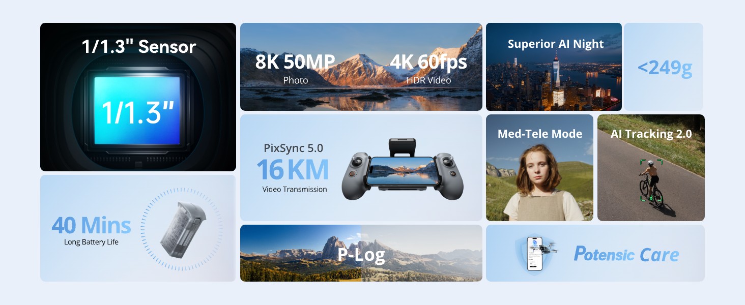 Text reads "1/1.3" Sensor", "BY SONY", "48 MP", "8K@60FPS", "Powered by Insta360", "40 Mins Battery", "By Sony", "48 MEGAPIXEL", "8K Video", and "Insta360 Care". Composite showing camera sensor specs, landscape photos, and action camera features.