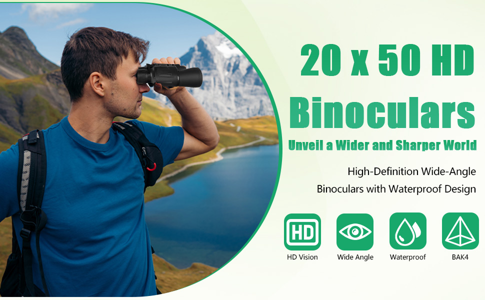 Text reads "20 x 50 HD Binoculars" and "Expand a Wider and Clearer World" with icons for High-Definition Wide-Angle, Binoculars with Powerful Design. Man in blue shirt using binoculars outdoors with mountain landscape background.