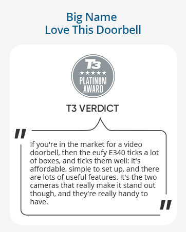 Product review snippet for eufy E340 video doorbell, highlighting affordability, easy setup, and useful features including two cameras.
