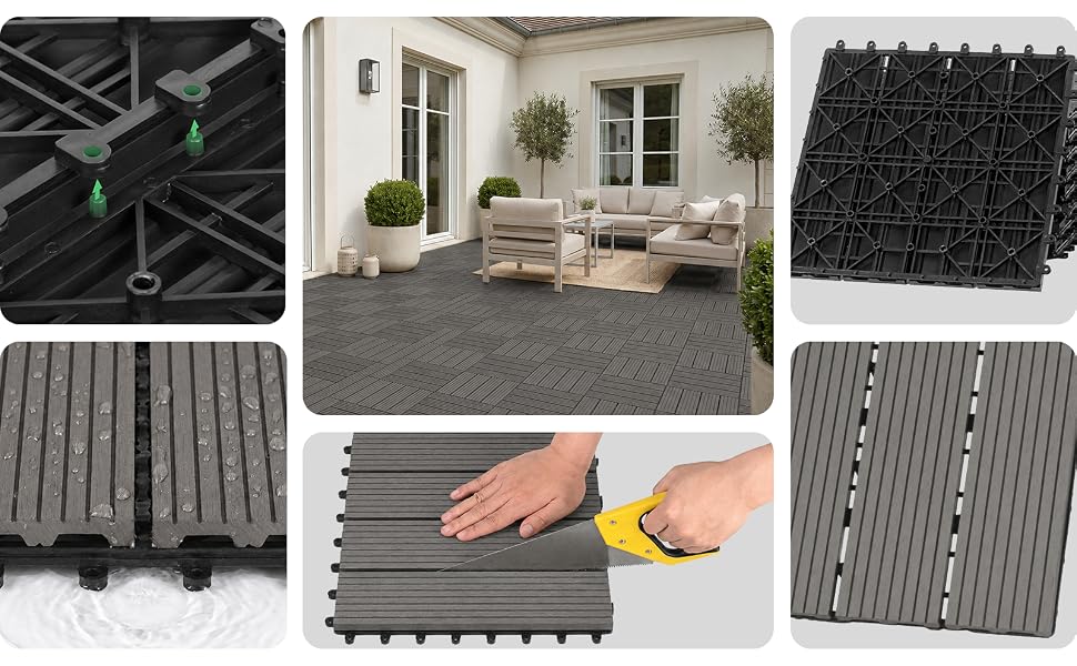 Composite grid showing nine images: interlocking black mats, outdoor patio seating, textured gray rugs, perforated floor tiles, and hand demonstrating mat flexibility and assembly.