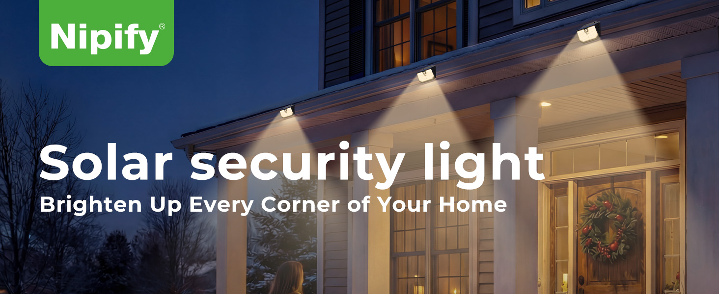 Text reads: 'Nipify' and 'Solar security light' with subtitle 'Brighten Up Every Corner of Your Home'. Shows illuminated house exterior with mounted security lights casting beams on walls.