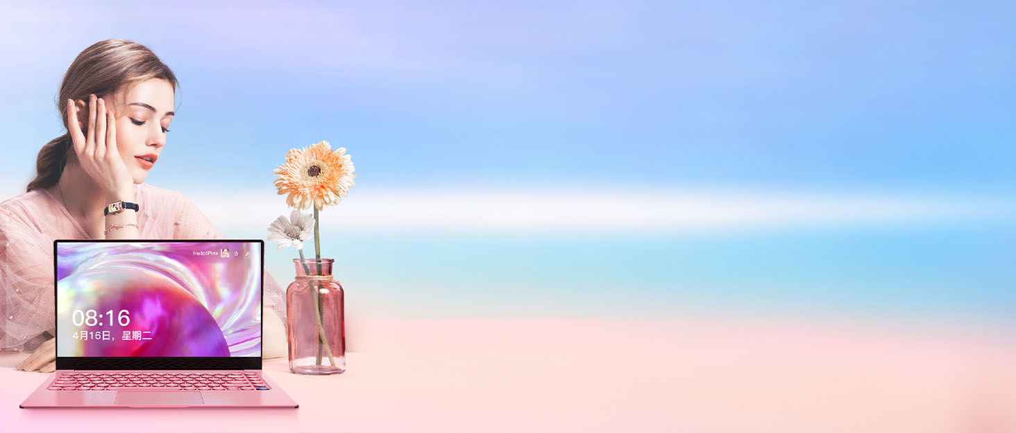 Laptop display shown against pastel pink and blue background, with decorative gerbera flower in clear vase.