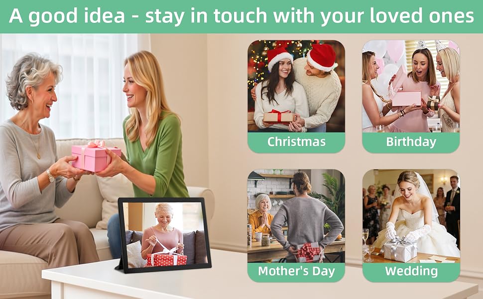 Text reads 'If you don't want to connect to Wi-Fi, it also supports...' showing interface options for playing media from SD card or USB/Type-C cable, with sample photo display screens.