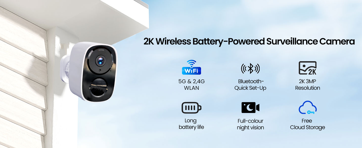 Text reads '2K Wireless Battery-Powered Surveillance Camera'. Security camera product with technical specifications and feature icons displayed.