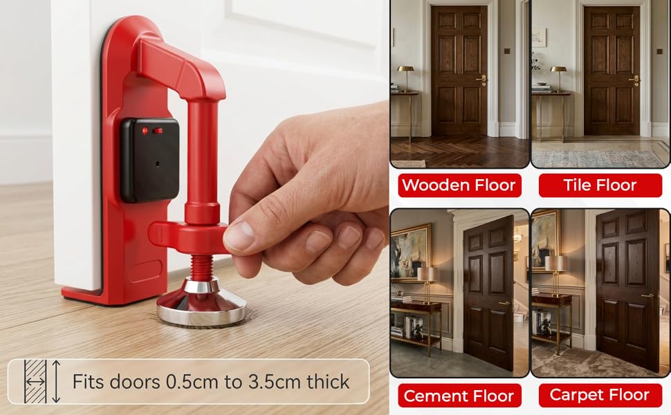 Text reads 'Fits doors 0.5cm to 3.5cm thick' and repeated 'CARPET GRIP' labels. Red handheld device being used on door, with four comparison photos showing carpet grip installation on different door types.