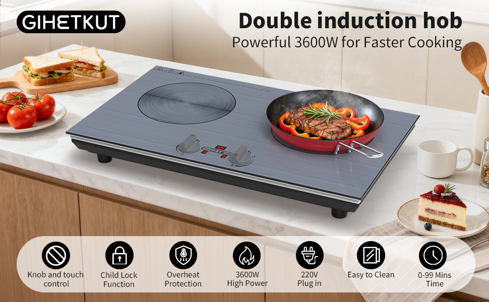 Text reads 'GIHETKUT Double induction hob Powerful 3000W for Faster Cooking'. Gray dual induction cooktop with cooking demonstration showing two dishes. Seven feature icons displayed below the cooktop.