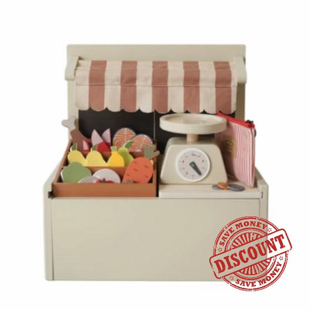 Kids Grocery Store Playset Wooden Market Stall Toy Realistic Play Wooden Market Stand Divided Tray for Childre