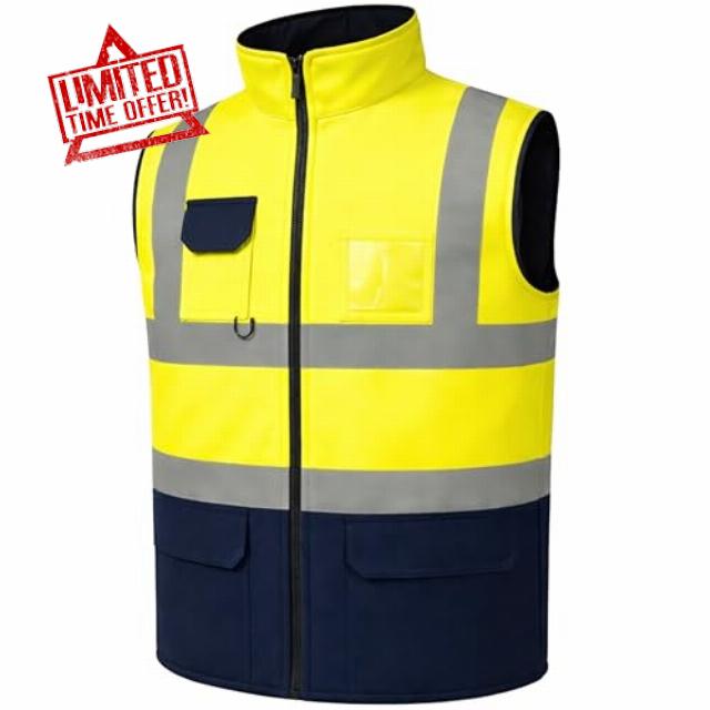 Hi-Vis Reversible Waterproof Fleece Bodywarmer Gilet Waistcoat – High Visibility Safety Vest – Orange/Navy