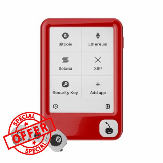 Ledger Nano Gen5 secure crypto wallet touchscreen signer in Cherry Red + Playful Badges (Pack 3)