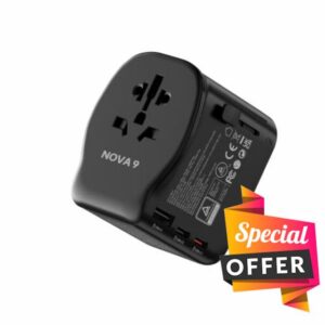 NOVA9 | 65W GaN PD Universal Travel Adapter | Worldwide Travel Plug for 200+ Countries UK EU US AU | Compact International Power Adapter | Fast Charging USB-C Ports | UK Grounded Safety & Certified |
