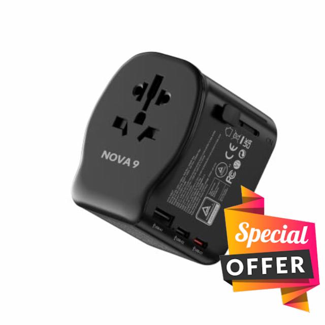 NOVA9 | 65W GaN PD Universal Travel Adapter | Worldwide Travel Plug for 200+ Countries UK EU US AU | Compact International Power Adapter | Fast Charging USB-C Ports | UK Grounded Safety & Certified |