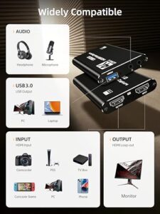 USB 3.0 1080P 60FPS Video Capture Card with HDMI Loop-Out & Mic Input
