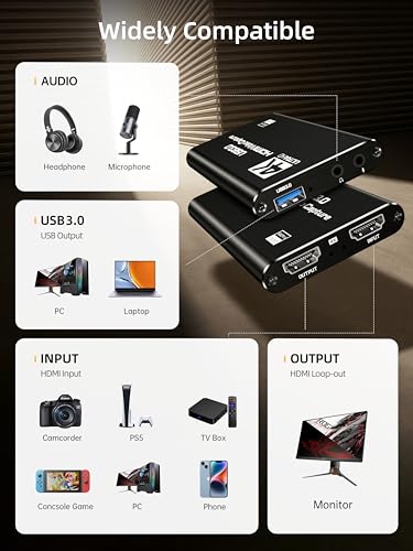 USB 3.0 1080P 60FPS Video Capture Card with HDMI Loop-Out & Mic Input