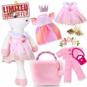Unicorn Toys for 3-10 Years Old Girls Ballerina Plush Girls Toys 3 Pieces Clothes & Plush Storage Bag for Toddlers Birthday Gifts for Girls Socks Stuffe