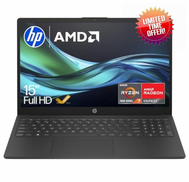 HP 15.6" Laptop | AMD Ryzen 7 Processor | 16GB RAM | 512GB SSD | Windows 11 | Fast charge | FHD Display | Dual speakers | Up to 10hrs battery | Jet Black | 15-fc0007sa
