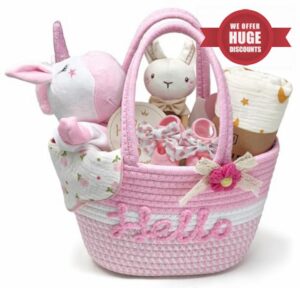 Newborn Baby Gifts Baby Hamper Set with Baby Blanket Lovey Security Blanket Socks Rattle Muslin Cloths Bibs Wooden Milestone Cards New Born Baby Essentials Boys Girls (Pink)