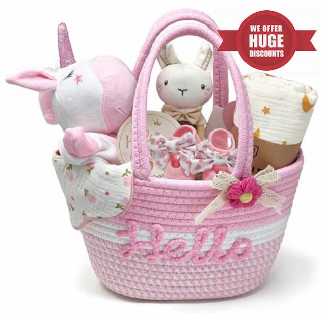 Newborn Baby Gifts Baby Hamper Set with Baby Blanket Lovey Security Blanket Socks Rattle Muslin Cloths Bibs Wooden Milestone Cards New Born Baby Essentials Boys Girls (Pink)