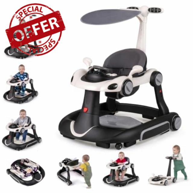 Maxmass 7 in 1 Baby Walker Folding Sit to Stand Learning Walker (Black) | Toddler Push Along Toy with Canopy