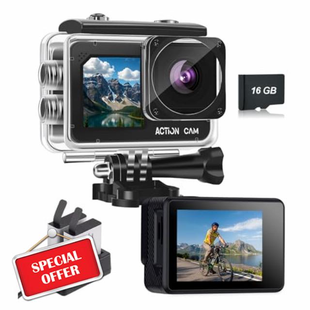 Action Camera FHD 1080P 16MP- 131FT/40M Waterproof Dual Screen Sports Camera
