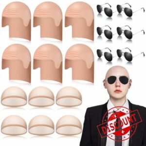 Mepase Bald Caps with Glasses Nylon Makeup Latex Bald Head Wig Cap for Men Women Adults Cosplay Party Costume Accessories