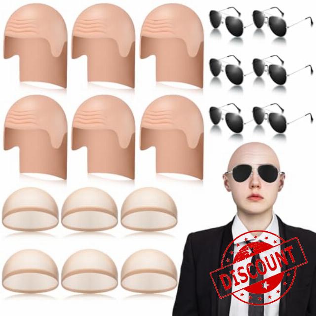 Mepase Bald Caps with Glasses Nylon Makeup Latex Bald Head Wig Cap for Men Women Adults Cosplay Party Costume Accessories