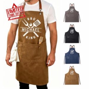 Personalised BBQ Aprons for Men Canvas Mens Aprons with Vegan Leather Strap Funny Apron with Multi‑tool Pockets and Name Birthday Cooking Gifts for Husband Dad Boyfriend Cooking Love
