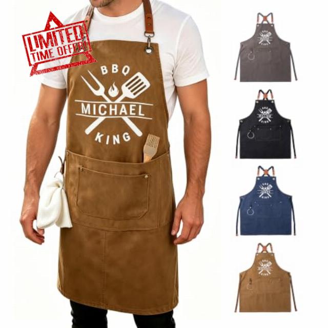 Personalised BBQ Aprons for Men Canvas Mens Aprons with Vegan Leather Strap Funny Apron with Multi‑tool Pockets and Name Birthday Cooking Gifts for Husband Dad Boyfriend Cooking Love