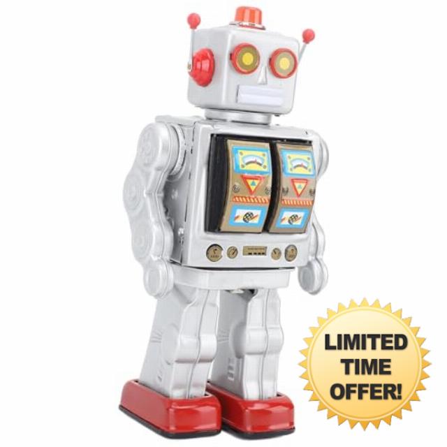 Metal Tin Robot Toy - Retro Electric Rotating Collectible for Kids and Adults (Silver)