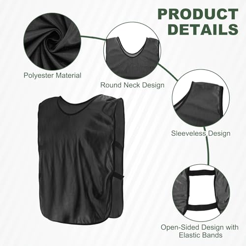 Soccer Pinnies Scrimmage Vest with Elastic Bands Drawstring Bag 22"x14.2" & 12 Pcs & Black -Fitting for (Adult/Basketball/Sport)