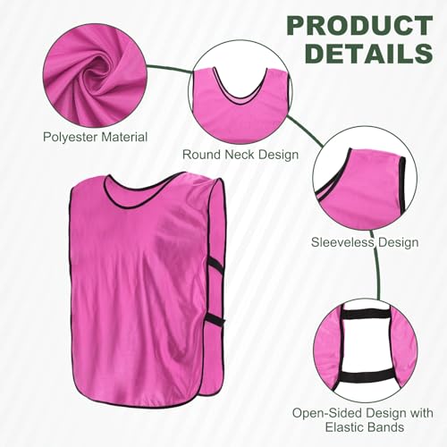 Soccer Pinnies Scrimmage Vest with Elastic Bands Drawstring Bag 24.8"x16.9" & 12 Pcs & Rose Red -Fitting for (Adult/Basketball/Sport)