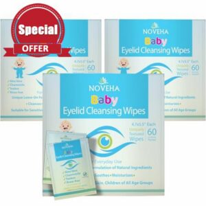 NOVEHA 180Pcs Baby Eyelid & Lash Wipes | Safe & Natural Pack of 60 Pre-moistened Wipes (3 Pack)