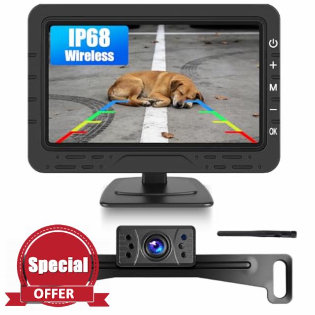 Wireless Backup Camera Monitor for Car 4.3 Inch Reverse Rear View Cameras Large Wide Angle IP68 Waterproof Parking Kit for Car Van Caravan Motorhome IP68 Waterproof with License Plate Backup
