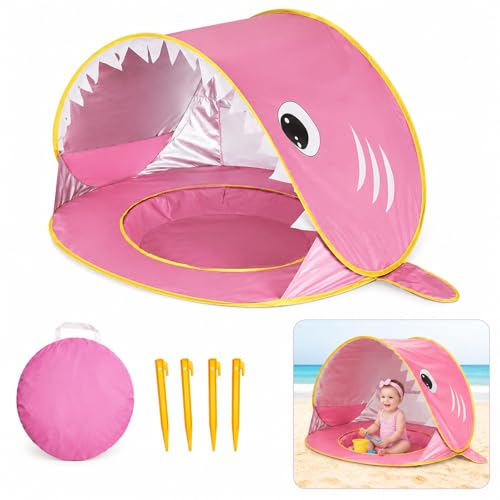 Shark Play Tent UV Sun Shelter Polyester Foldable 120×80×70cm Portable Baby Beach Tent for Indoor Outdoor Garden Camping(Pink)