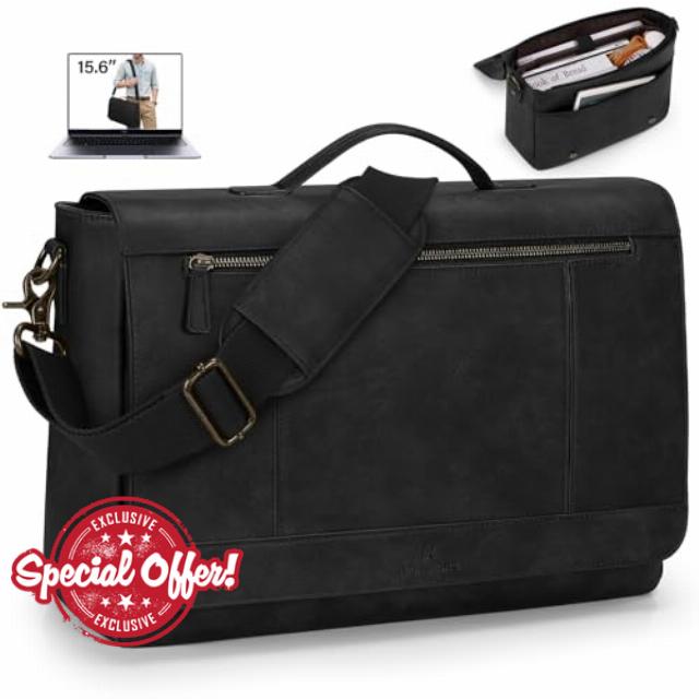 RAINSMORE Leather Messenger Bag for Men 15.6 Inch Waterproof Laptop Bag Vintage Computer Briefcase Large Shoulder Satchel Bags for Work Business Office College