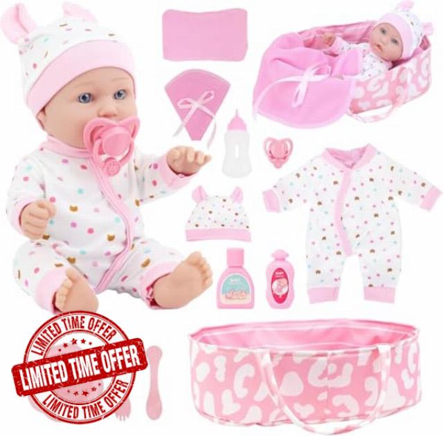 ZITA ELEMENT 12" Baby Doll with Sleeping Carrier Bassinet Bed Set | 13 Piece Soft Baby Doll with Clothes and Accessories