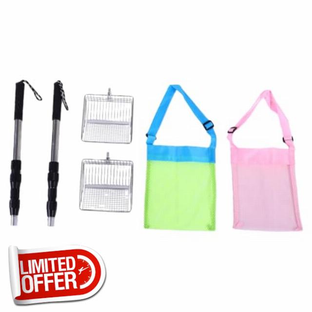 Dpofirs Beach Shell Scoop Set Durable Metal Sifting Tool for Collecting Seashells and Sea Glass At the Beach (2 Shovels+2 Shell Bags)