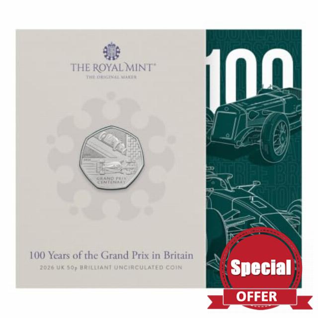 2026 100 Years of British Grand Prix - UK 50p BU Coin in Mint Sealed Pack