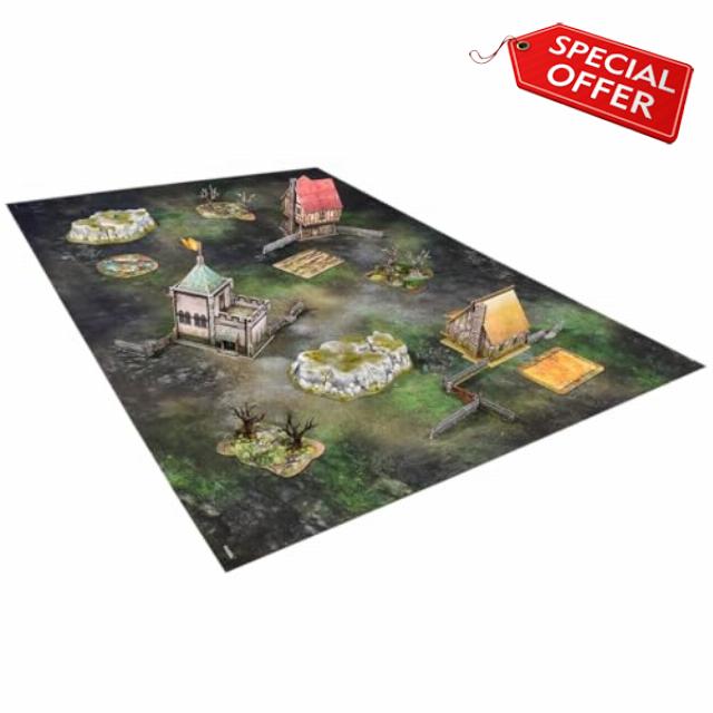 mantic Terrain Crate Fantasy Battlefield Bundle | 6ft x 4ft Rock & Scrub Neoprene Gaming Mat & Complete Fantasy Terrain Set | Compatible with Warhammer