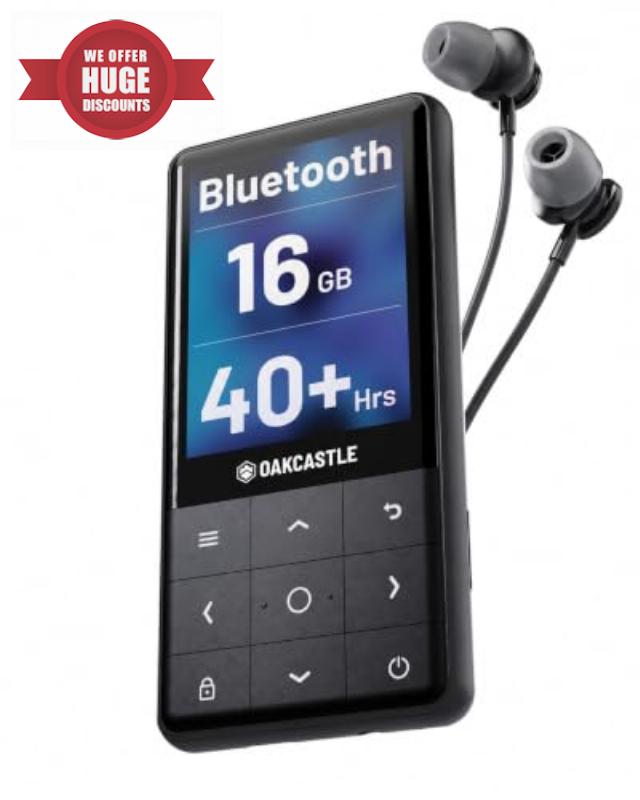 Oakcastle MP300 MP3 Player with Bluetooth & Built-In Speaker | MP3 Music Player with Expandable 128 GB Storage | Quick Charge Battery Up to 40 Hours Playback