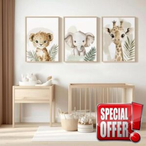 3 Safari Baby Room Poster 40 x 50 cm Children's Savannah Lion Giraffe Elephant Picture Jungle Animals Canvas Animals Forest Boy Baby Poster Wall Decoration Child Girl Boy (BYGC038-40x50)
