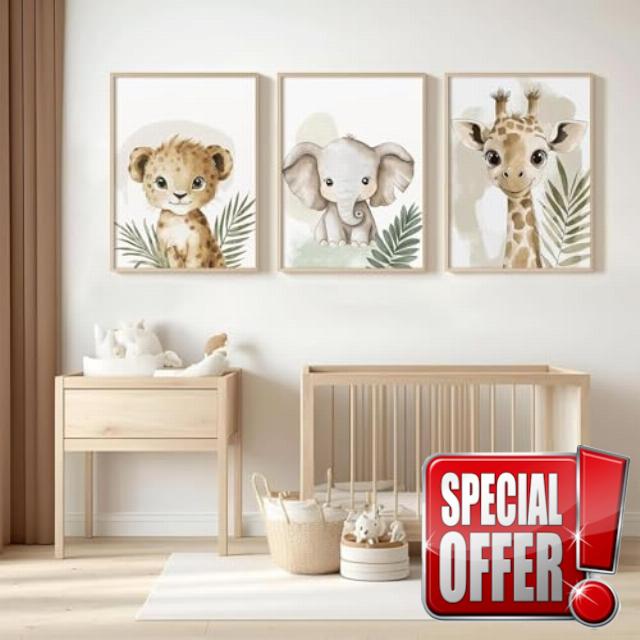 3 Safari Baby Room Poster 40 x 50 cm Children's Savannah Lion Giraffe Elephant Picture Jungle Animals Canvas Animals Forest Boy Baby Poster Wall Decoration Child Girl Boy (BYGC038-40x50)