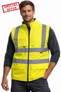 Hi Vis Padded Gilet Waistcoat Fleece Body Warmer Zip Fastening Vest Work Wear Reflective Security Waistcoat Jacket with ID Badge and Mobile Pocke