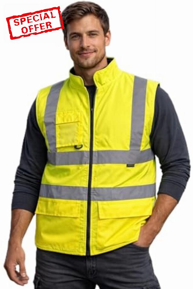 Hi Vis Padded Gilet Waistcoat Fleece Body Warmer Zip Fastening Vest Work Wear Reflective Security Waistcoat Jacket with ID Badge and Mobile Pocke