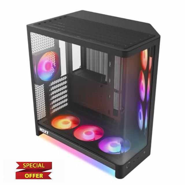 NZXT H6 RGB+ Compact Dual-Chamber ATX PC Case - Pre-Installed RGB Fans & Control Hub Lite - 360mm Radiator - Back-Connect Ready - Seamless Curved Glass - Black