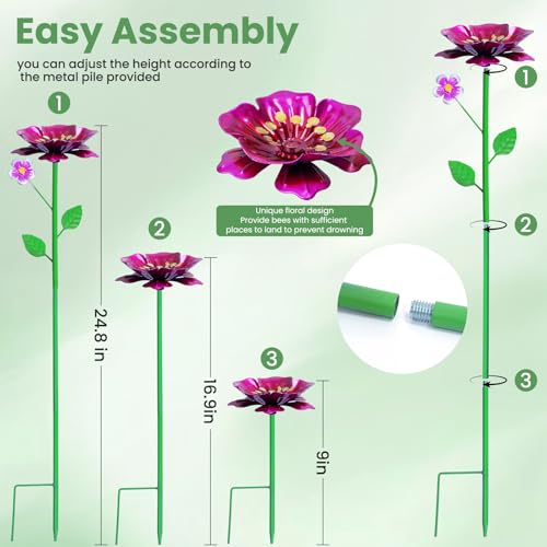 Colorful Bee Butterfly bird Pollinator Drinking Cup Feeders for Yard Decor,The flower core design is to prevent drowning,Metal Flower Garden Stake