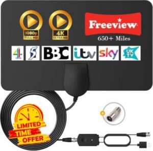 TV Aerial - Digital TV Aerial Indoor - 650+ Miles Long Range Amplified HD TV Antenna for Freeview 4K 1080P Local Channels with Booster & 16.4 ft Coax Cable (Jet black)