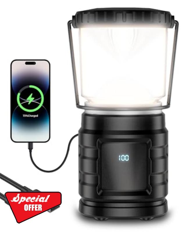 LED Camping Lamp Rechargeable USB C 8000 mAh Camping Lantern with Battery Level Indicator