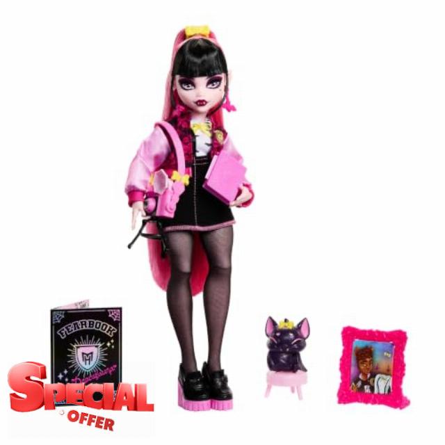 Monster High Fearbook Draculaura Doll and Accessories Set with Photo Fang Club Theme including Varsity Jacket