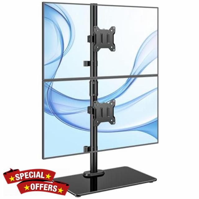 monTEK Stable Vertical Dual Monitor Stand with Glass Base for 17-32 inch Screens - Max Load 10KG per Arm