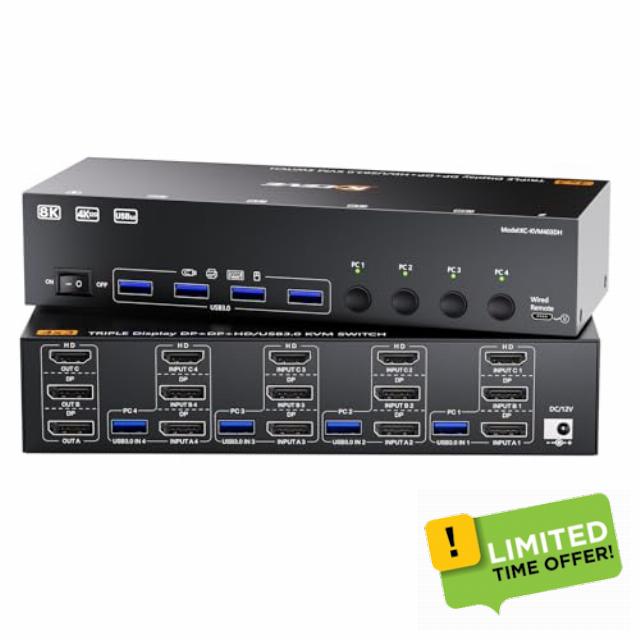 HDMI + 2Displayport KVM Switch 3 Monitors 4 Computers